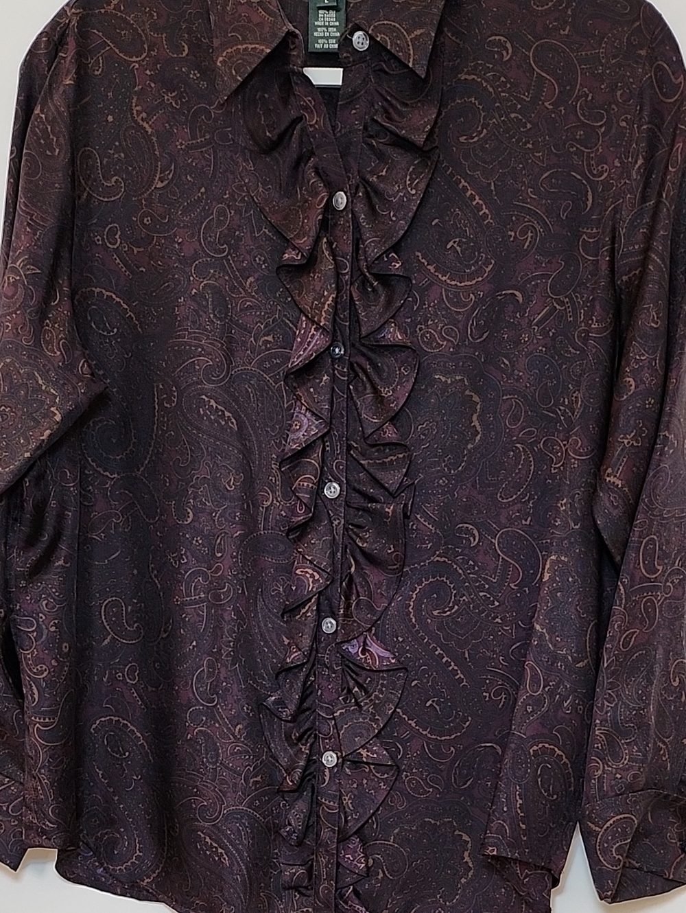 Ralph Lauren Women's 100 % Silk formal blouse paisley print  ruffle front Size L - Picture 7 of 16